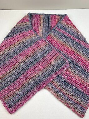 Handmade Multi Color Striped Knit Scarf Pink, Purple & Blue 17"W x 56"L OSFA